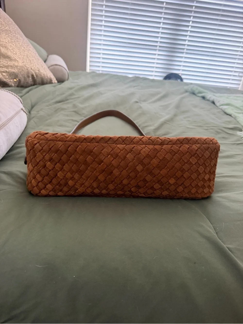 Tory Burch Woven Suede Shoulder Bag in Camel Brown with Gold Logo